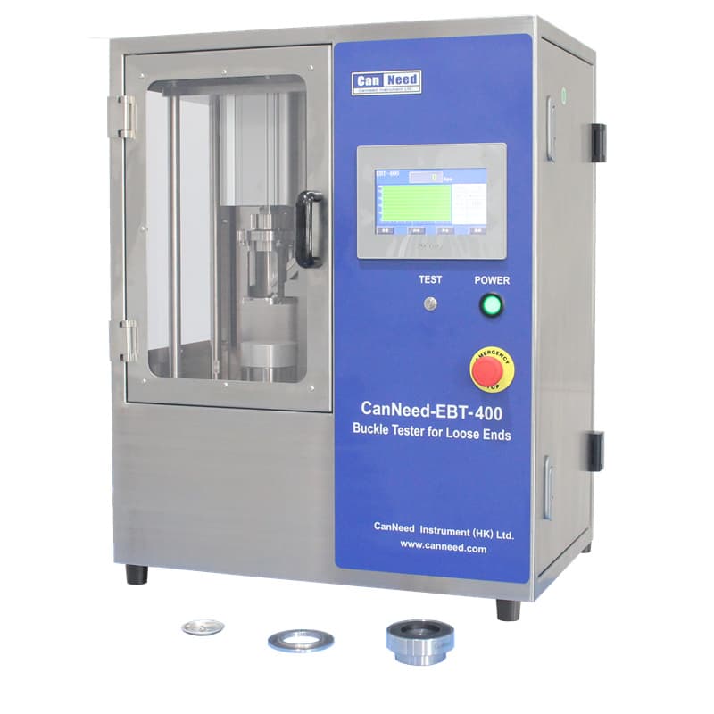CanNeed-EBT-400 buckle tester for loose can ends with pneumatic clamp and pressure display, 0–900 kPa range