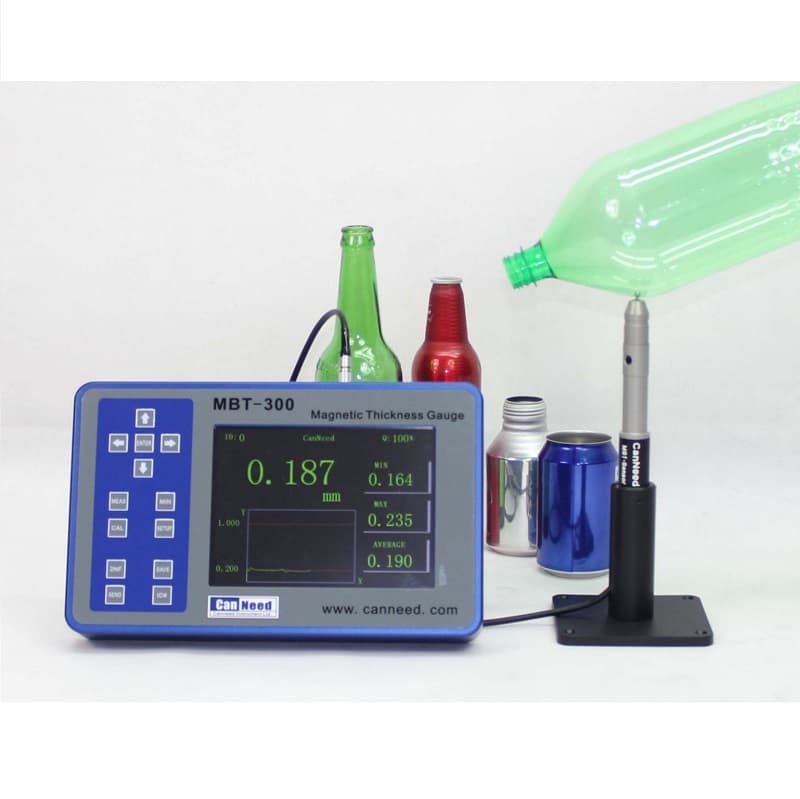 CanNeed MBT-300 Hall Effect thickness gauge measuring a bottle sample