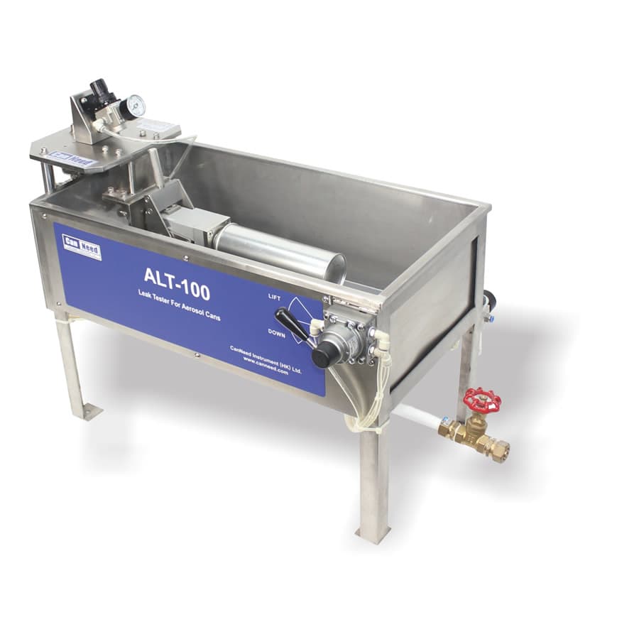 Probador de fugas para latas de aerosol semiautomático CanNeed-ALT-100 mostrando prueba en baño de agua