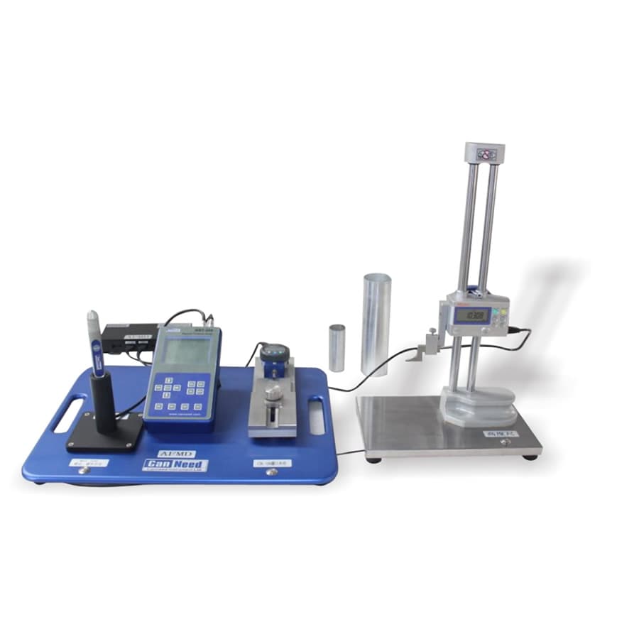 AFMD-200 aerosol can measurement desk showing 0.01 mm Mitutoyo digital indicator on quality‑control bench