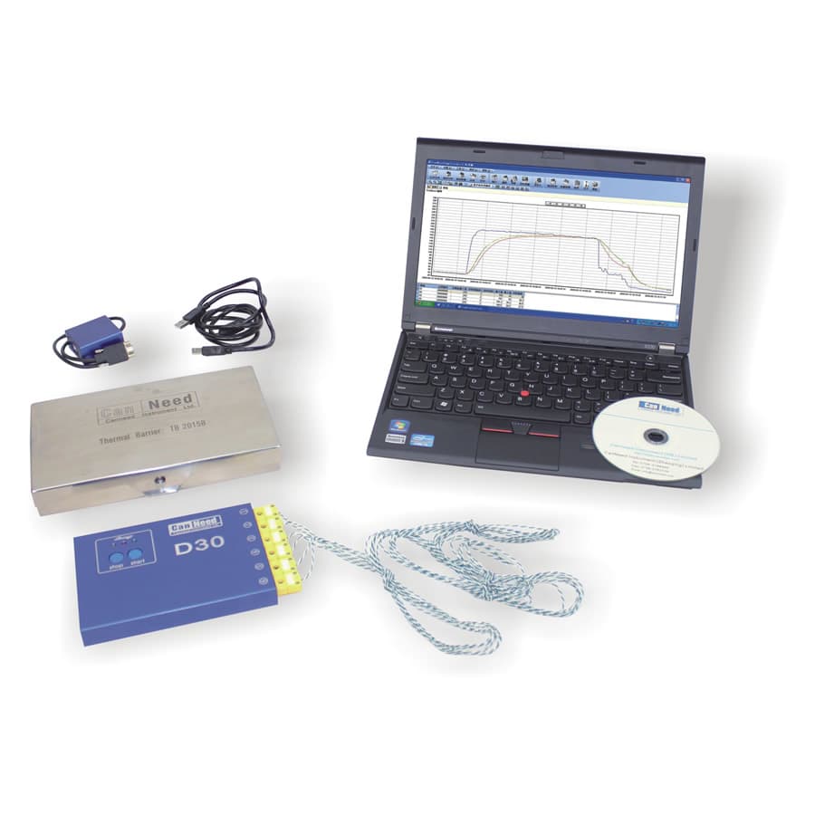 CanNeed-TRK-300 oven temperature tracker with 6 K-type thermocouples traveling through an industrial coating oven
