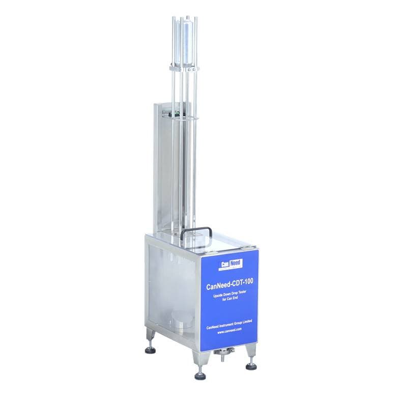 Upside-down drop tester for metal can ends with guide rails and observation windows