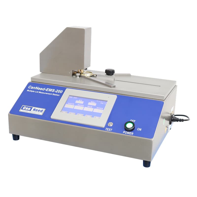 CanNeed EMS-200 lid measurement station showing PLC touch‑screen interface