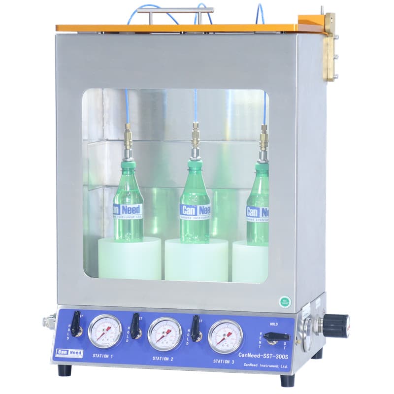 3‑station seal integrity tester for PET and glass containers, 0–1.6 MPa