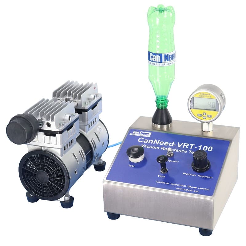 CanNeed-VRT-100 vacuum resistance tester measuring PET bottle deformation under -90 to 0 kPa vacuum