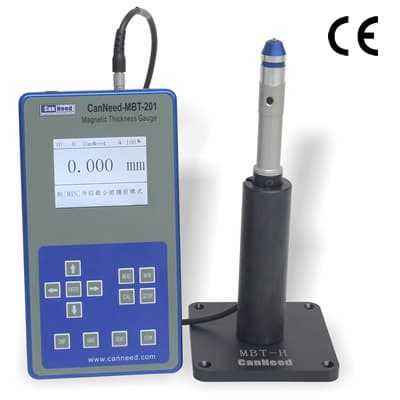 Canneed MBT-201 Hall Effect Thickness Gauge showing the probe and steel ball used for non‑magnetic material testing