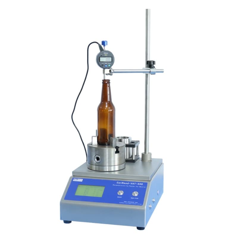 CanNeed-VAT-500 digital perpendicularity tester measuring a glass bottle